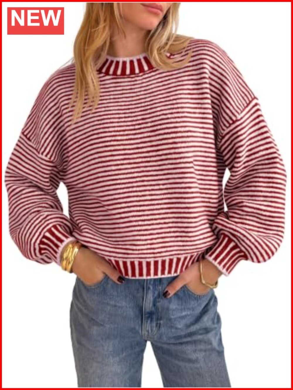 Chunky Knit Striped Sweater Oversized Drop Shoulder Crew Neck Pullover